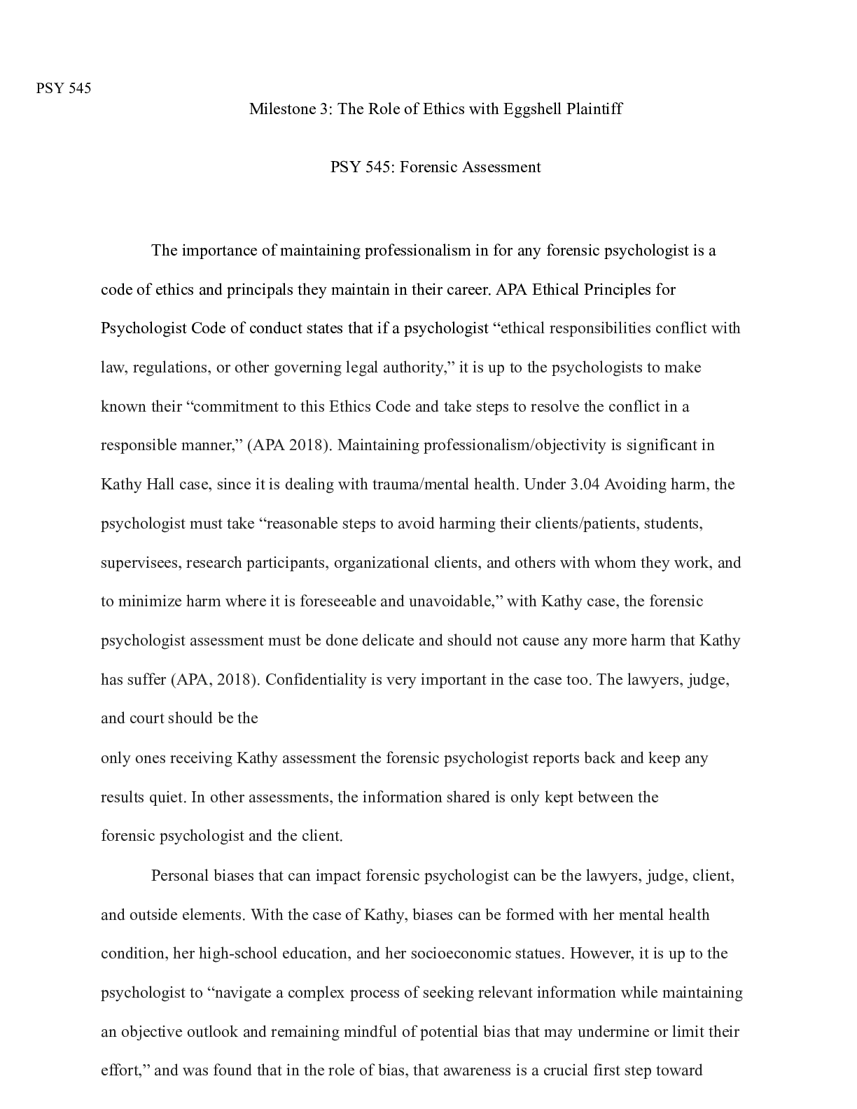 Preview image for Milestone 3 PSY 545|    PSY 545  Milestone 3: The Role of Ethics with Eggshell Plainti